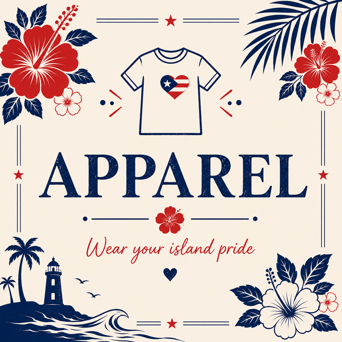 A Puerto Rican themed flat-lay graphic featuring a Puerto Rican flag, hibiscus flowers, palm leaves, coffee beans, a cup of Cafe con Leche coffee, and the text 'Puerto Rican Pride' on a sandy background.