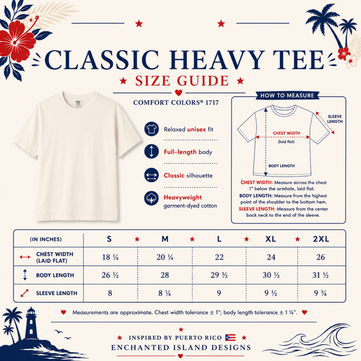 Comfort Colors 1717 size chart for S to 2XL