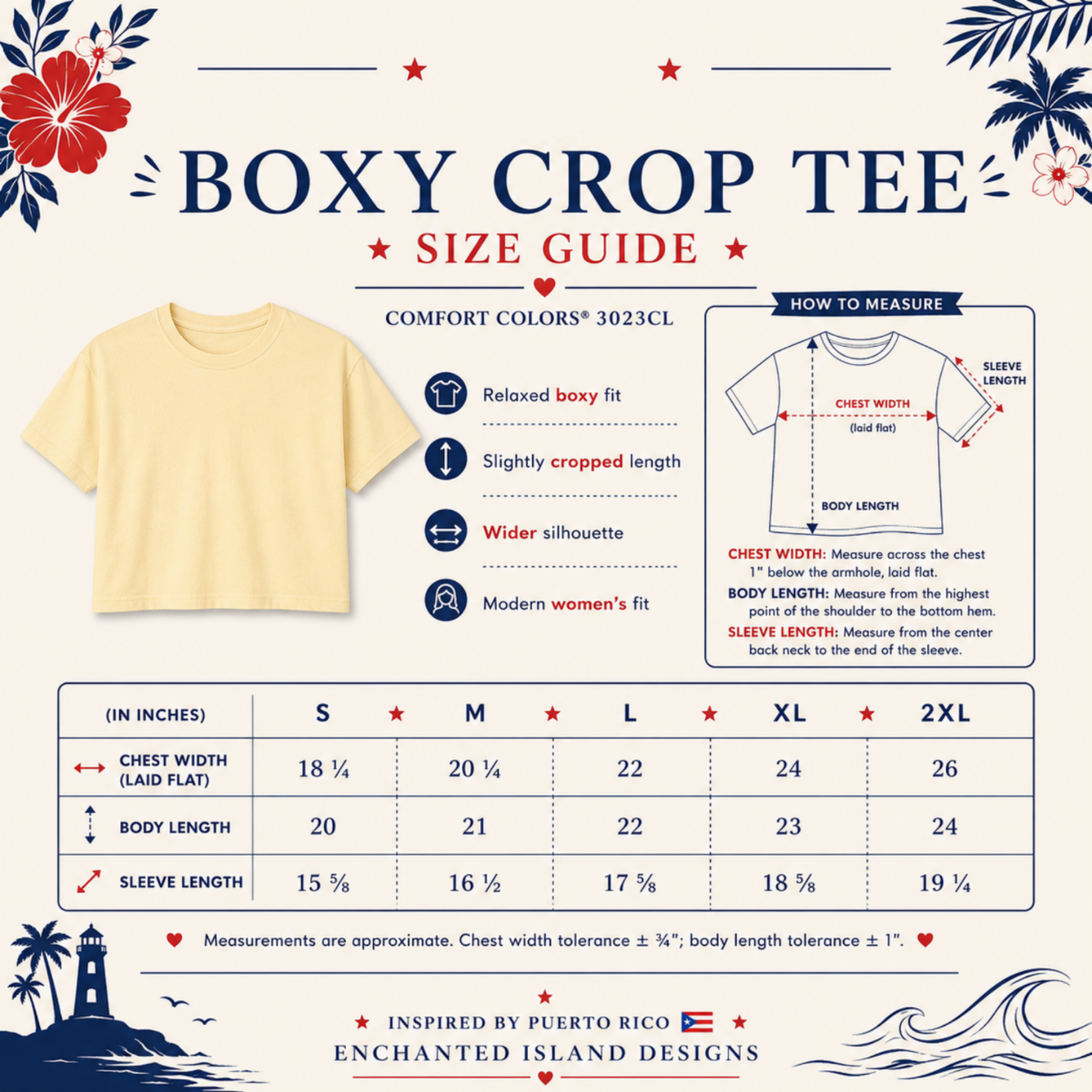A size guide infographic for a Comfort Colors boxy crop tee. The graphic features a light yellow t-shirt on the left, a 'How to Measure' diagram on the right, and a sizing table at the bottom listing measurements for S through 2XL.