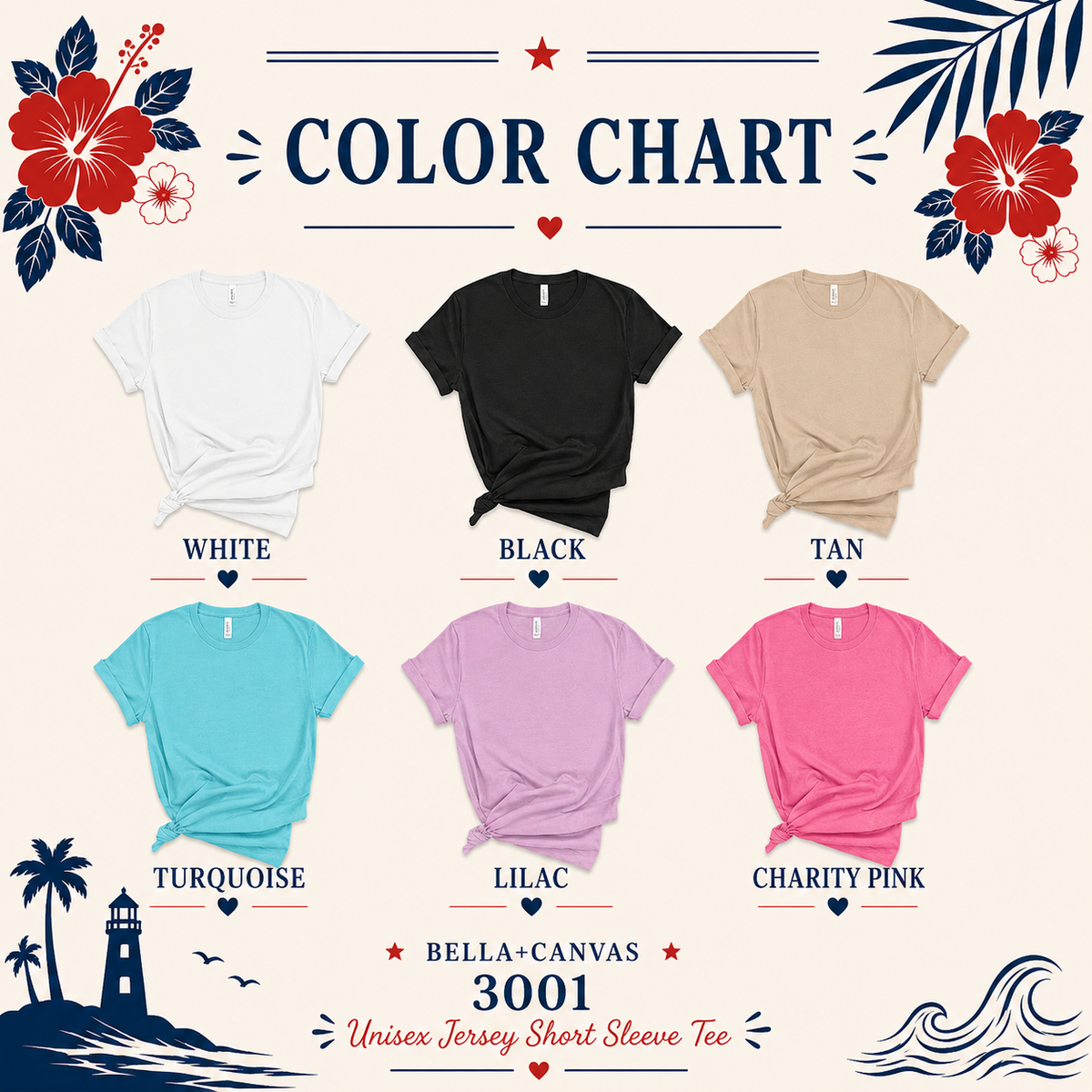 A color chart graphic showing eight short-sleeve t-shirt color options labeled White, Black, Tan, Turquoise, Lilac, and Charity Pink, with decorative floral and nautical illustrations around the text 'COLOR CHART' and 'BELLA+CANVAS 3001 Unisex Jersey Short Sleeve Tee'.