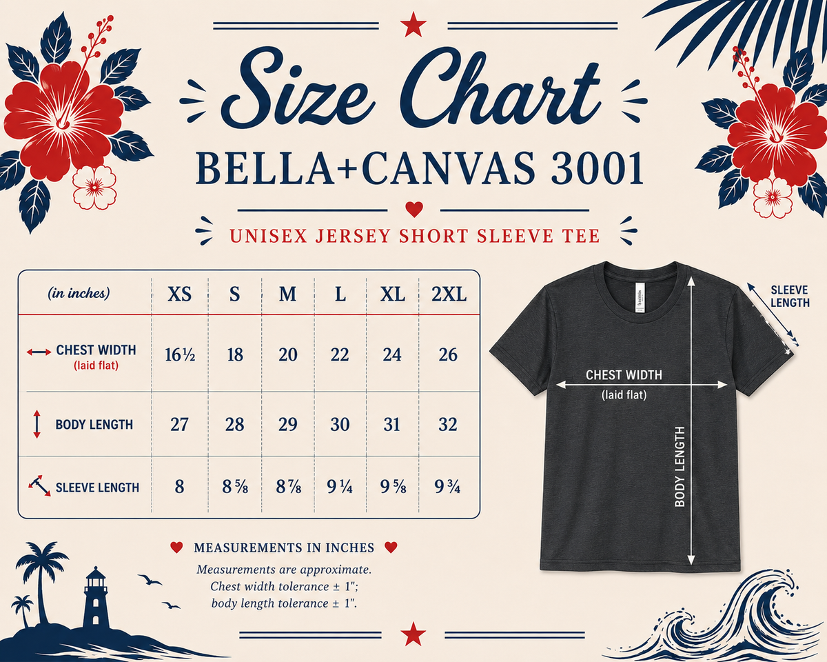 A size chart graphic for Bella+Canvas 3001 unisex short-sleeve t-shirts, showing a size table from XS to 2XL with measurements in inches alongside a black t-shirt with labeled chest width, body length, and sleeve length.