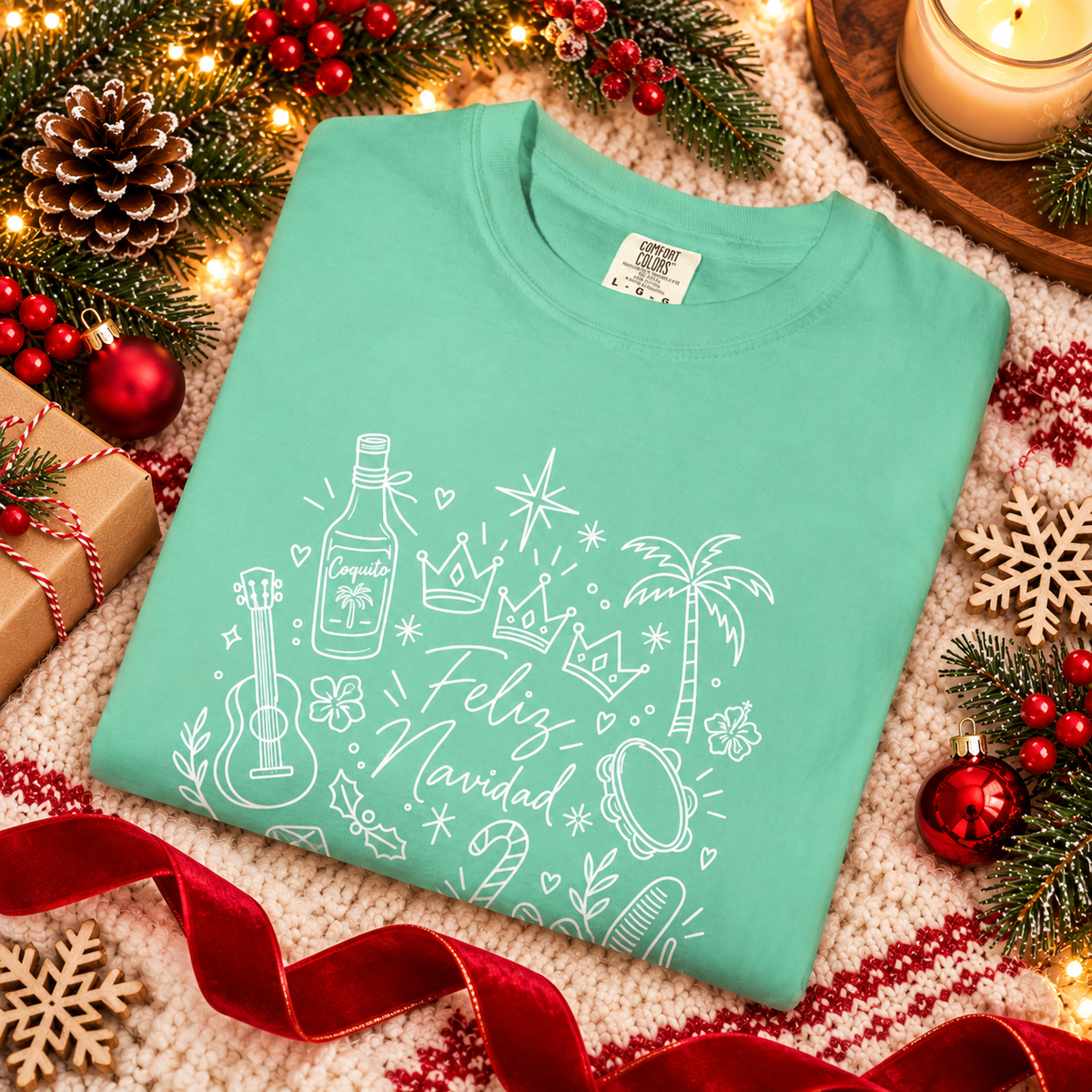 Feliz Navidad Puerto Rican Christmas Doodle Tee | Comfort Colors 1717