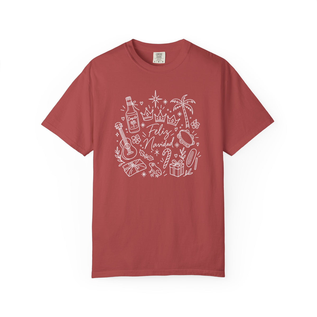 Feliz Navidad Puerto Rico doodle Christmas tee Comfort Colors 1717 Crimson front view