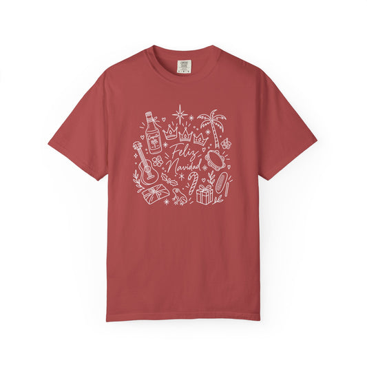 Feliz Navidad Puerto Rico doodle Christmas tee Comfort Colors 1717 Crimson front view