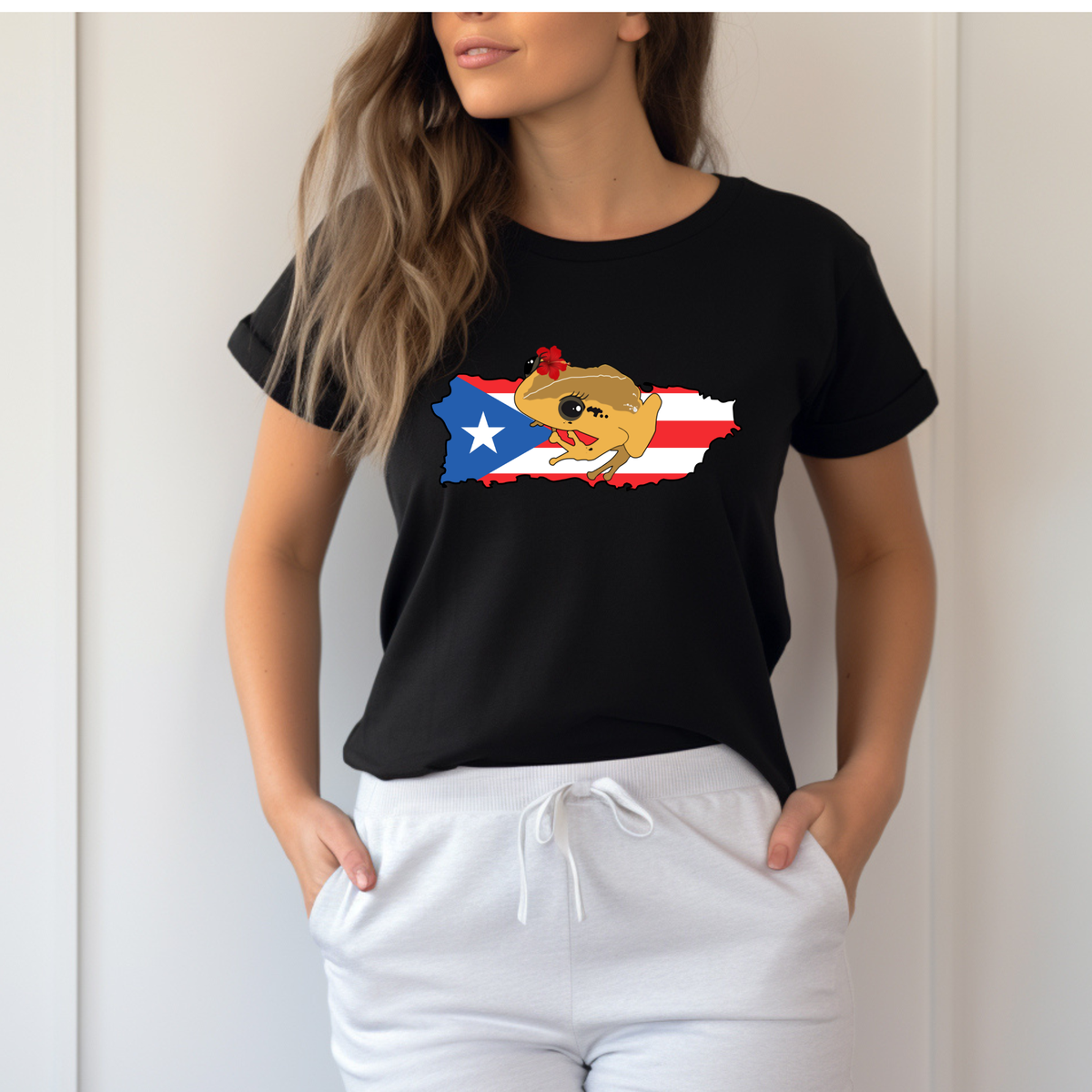 Coqui Girl Puerto Rico shirt featuring Puerto Rico flag coqui and amapola flower design