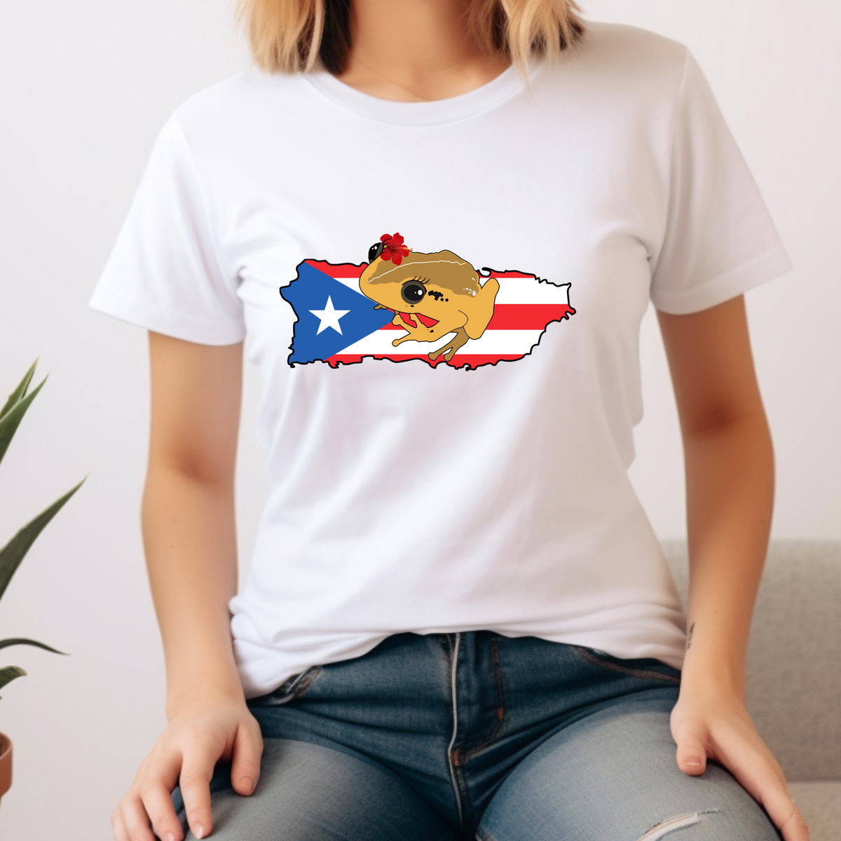 Coqui Girl Puerto Rico shirt featuring Puerto Rico flag coqui and amapola flower design