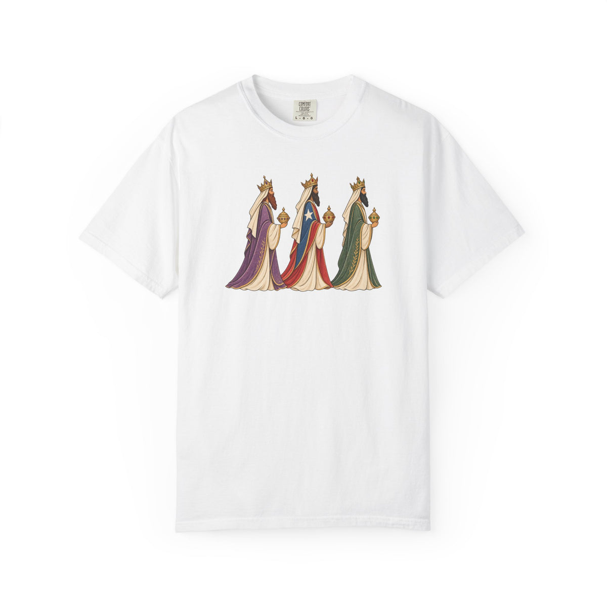 White Comfort Colors 1717 with vintage Reyes Magos graphic, front view