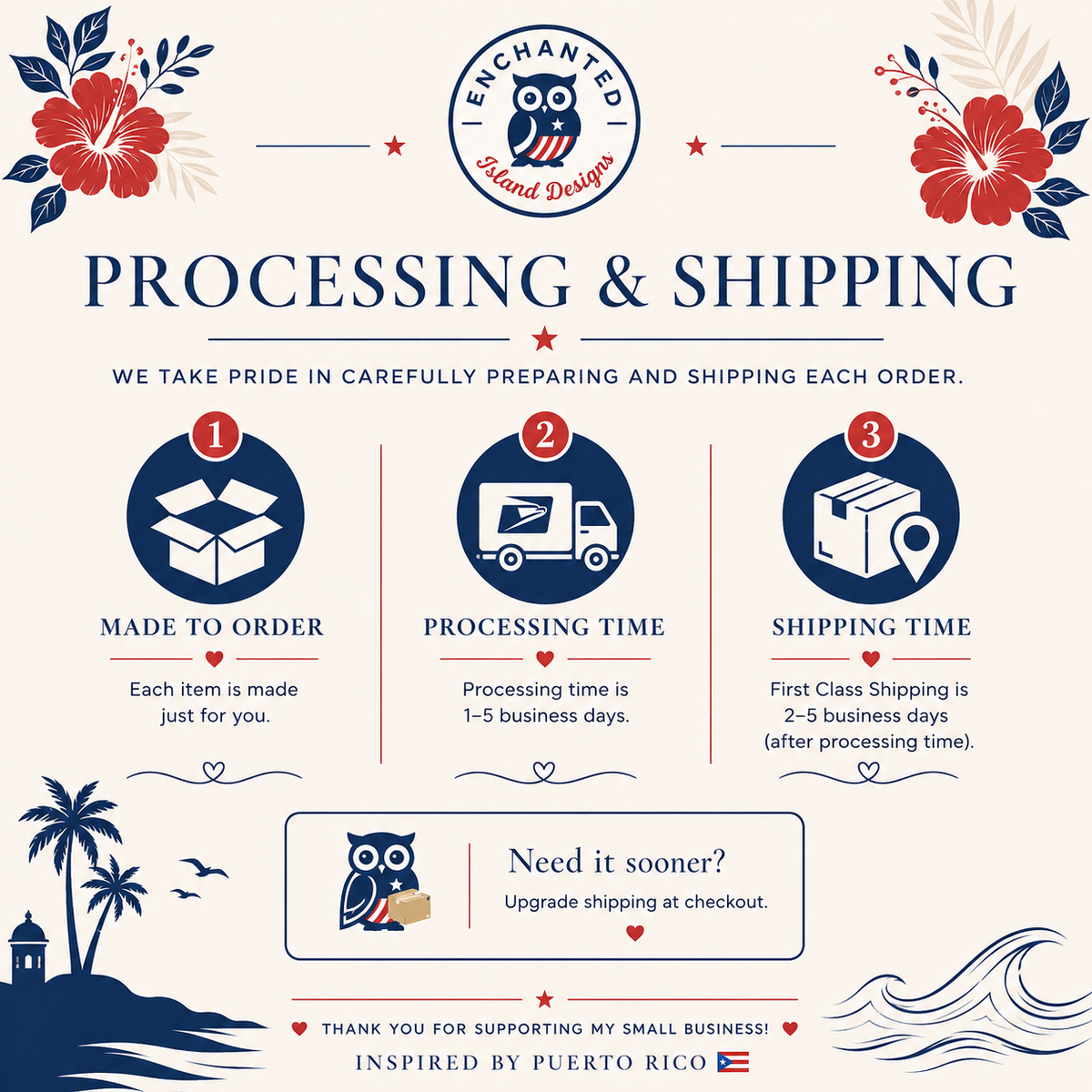 An informational graphic for Enchanted Island Designs detailing the 'Processing & Shipping' timeline. The design features a cream background with navy blue text, red hibiscus flowers, and a navy blue owl logo.