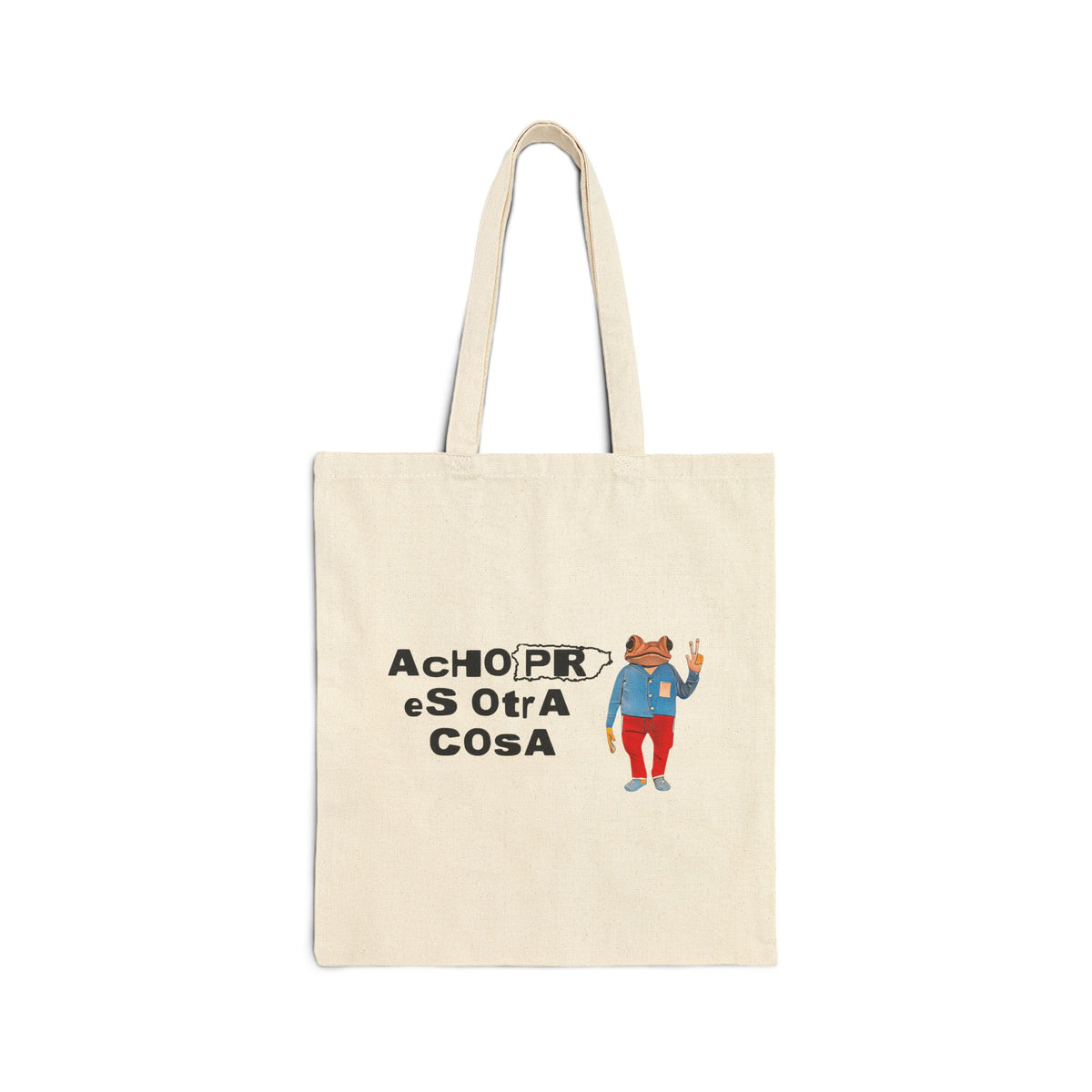 An off-white canvas tote bag with two handles, featuring a graphic print of a cartoon bear in a blue shirt and red pants next to the text 'Ach OPR eS OtrA CosA' in black.