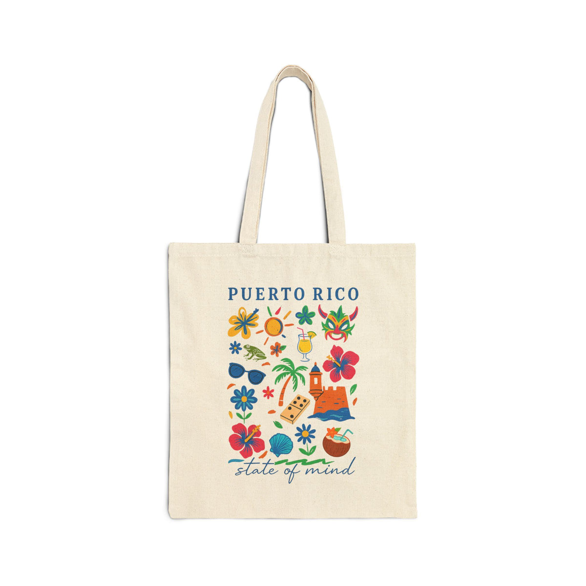 A natural canvas tote bag with a colorful Puerto Rico graphic print featuring tropical flowers, palm trees, and the text 'PUERTO RICO' and 'state of mind'.