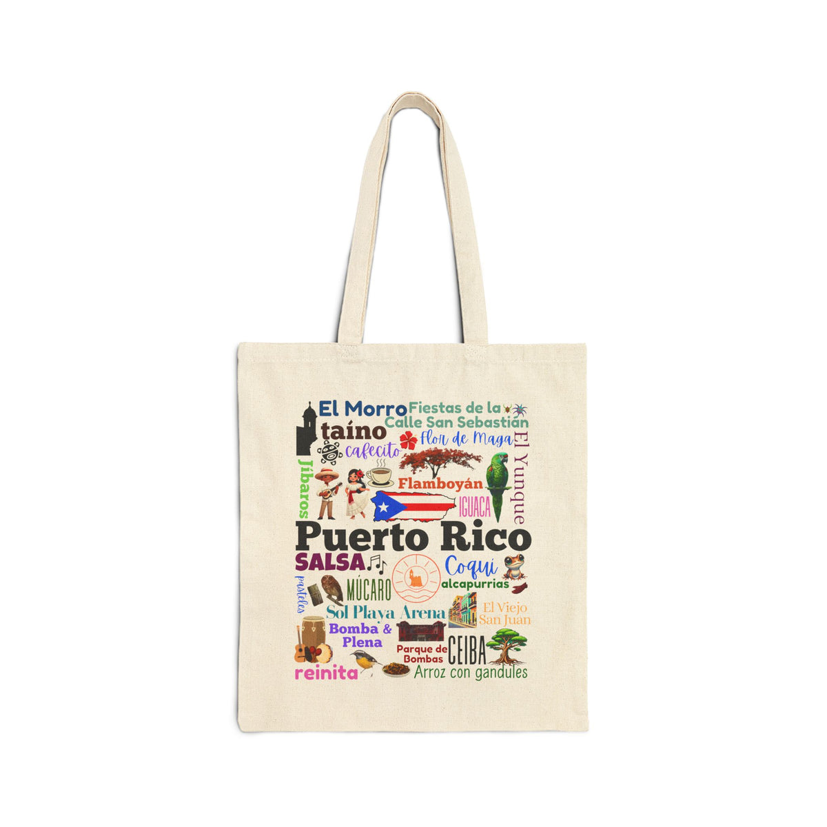 A cream-colored canvas tote bag with dual shoulder straps, featuring a colorful graphic collage of Puerto Rican landmarks, food, and text on the front, set against a plain white background.
