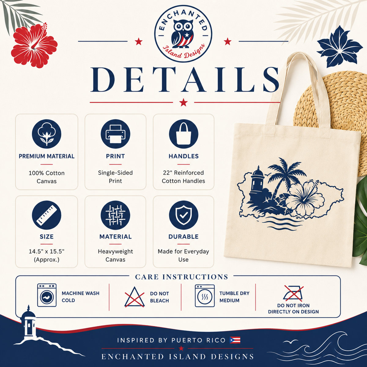 A product details graphic for an Enchanted Island Designs canvas tote bag. The graphic shows a cream-colored canvas tote bag with a navy blue map of Puerto Rico design featuring a lighthouse and palm tree, alongside a straw hat and tropical floral illustrations.