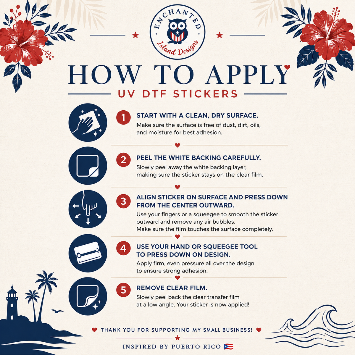 An infographic titled 'HOW TO APPLY UV DTF STICKERS' with step-by-step instructions, icons, and decorative tropical floral and palm illustrations on a cream background.