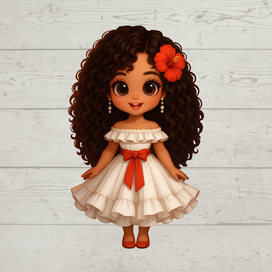 A stylized cartoon doll with long dark curly hair, a red flower in her hair, and a cream off-the-shoulder dress with a red bow, standing against a light wood plank background.