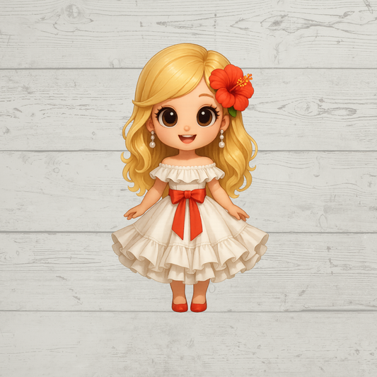 A cute cartoon-style blonde doll with a red hibiscus flower in her hair, wearing an off-the-shoulder white dress with a red bow and red shoes, standing against a light gray wood plank background.