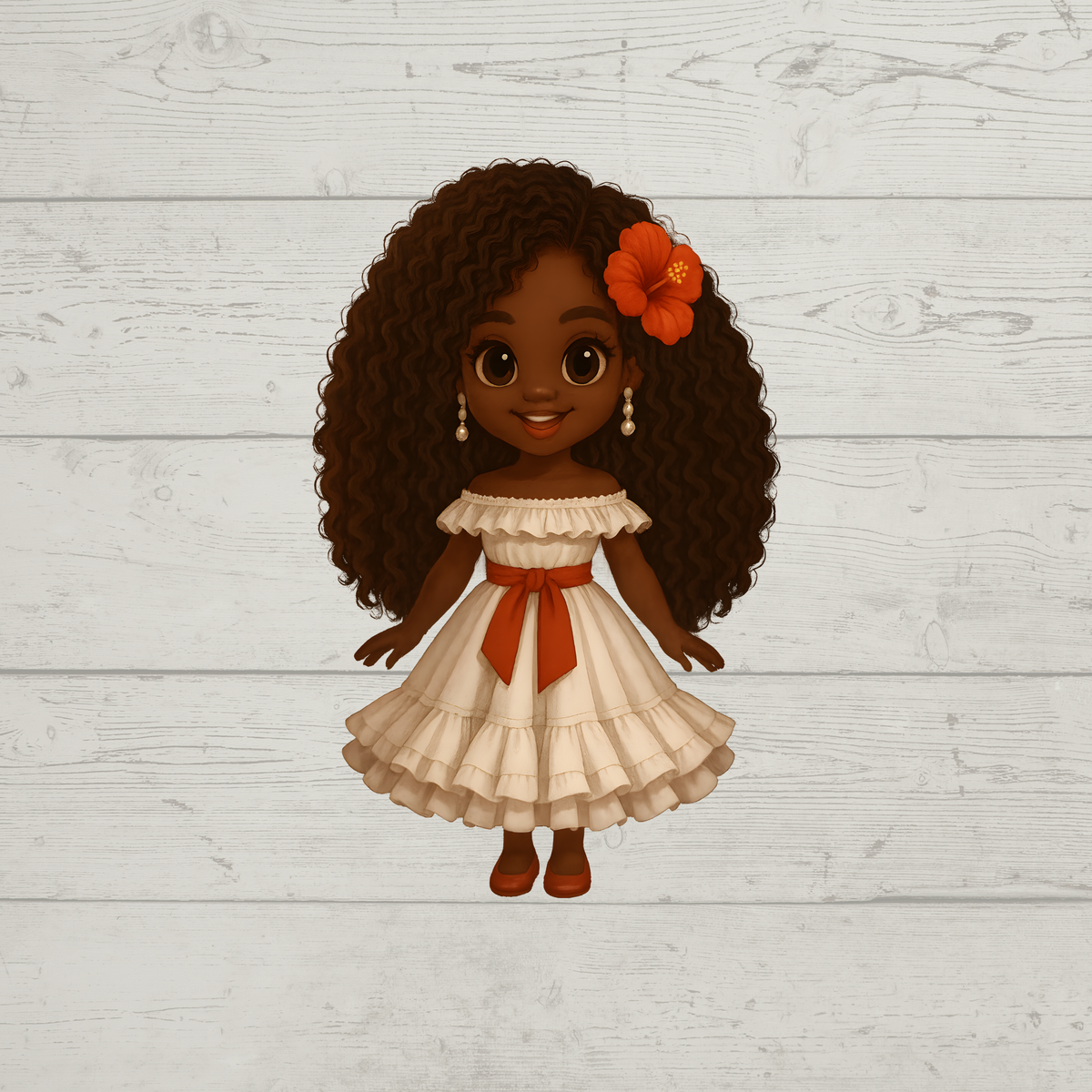 A stylized cartoon doll with dark brown curly hair, a cream tiered dress with a red sash, and an orange flower in her hair, centered on a light gray wood plank background.