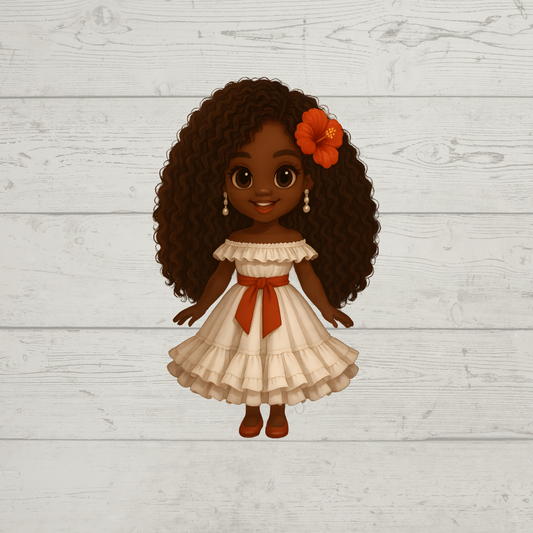 A stylized cartoon doll with dark brown curly hair, a cream tiered dress with a red sash, and an orange flower in her hair, centered on a light gray wood plank background.
