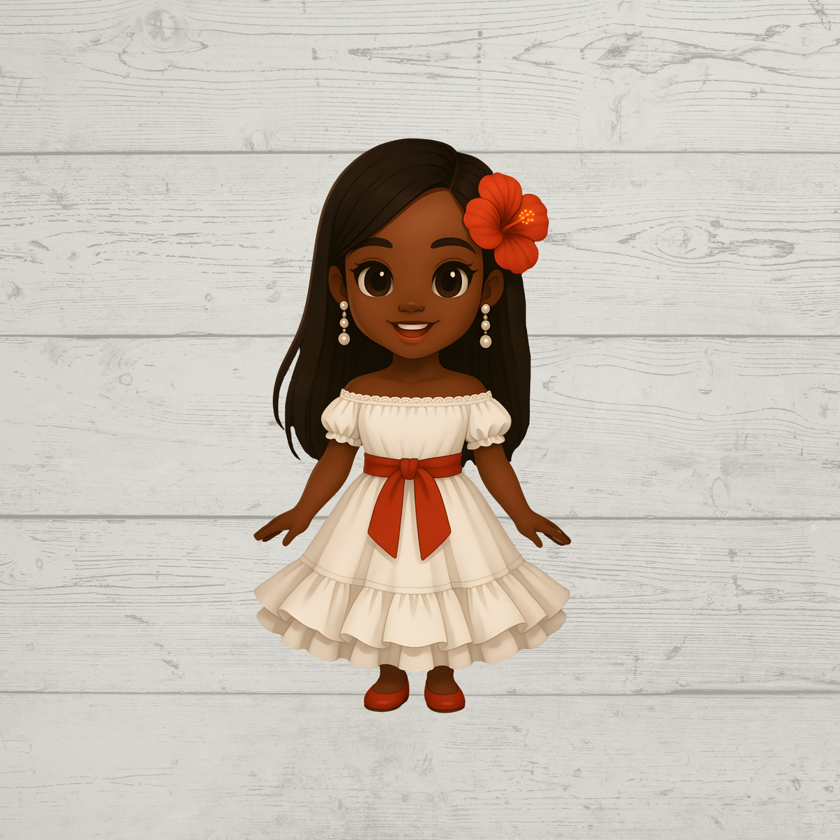 A stylized cartoon girl with long dark brown hair, wearing an off-the-shoulder cream dress with a red sash and a red flower in her hair, standing against a light gray wood plank background.