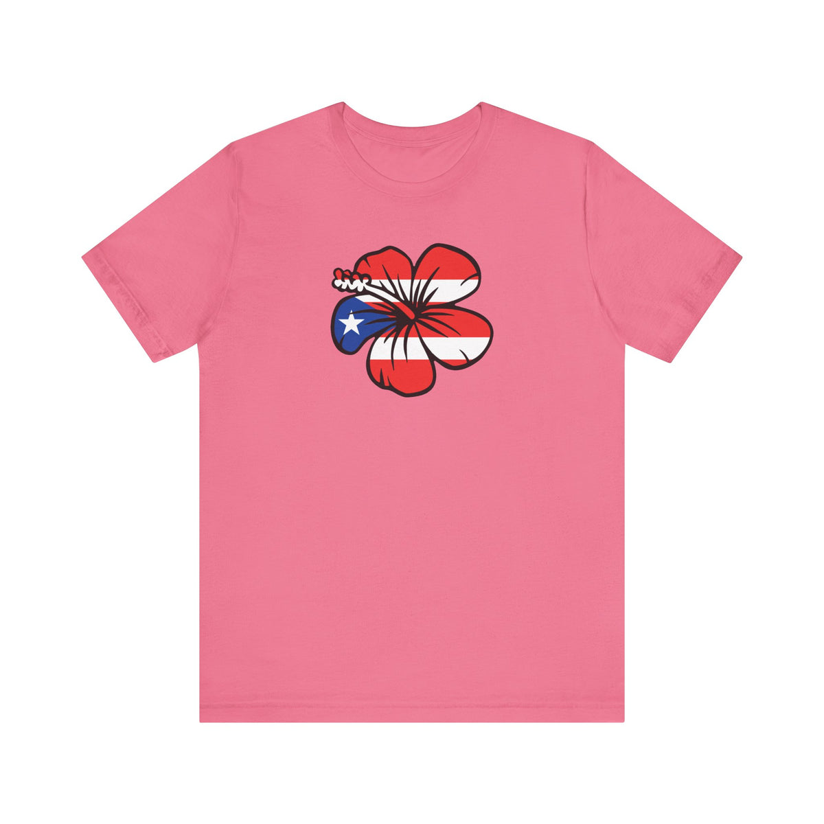 A pink short-sleeve crewneck t-shirt featuring a graphic of a hibiscus flower filled with the Puerto Rican flag pattern on the chest, displayed against a solid white background.