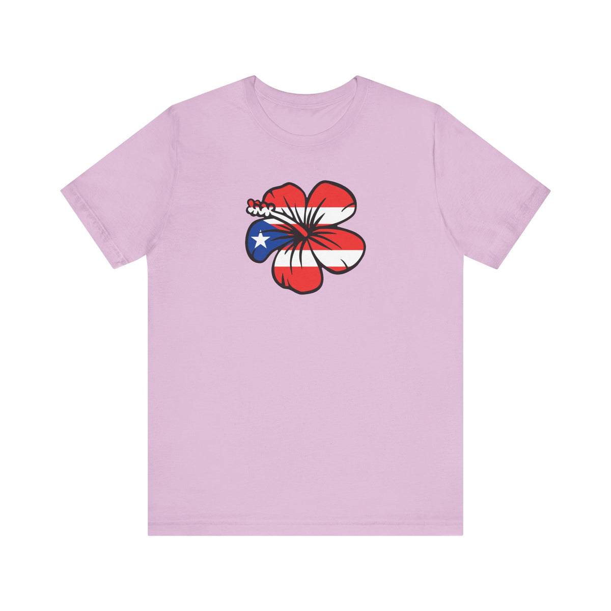 A light purple short-sleeve crewneck t-shirt featuring a graphic of a hibiscus flower filled with the Puerto Rican flag pattern on the chest, displayed against a solid white background.