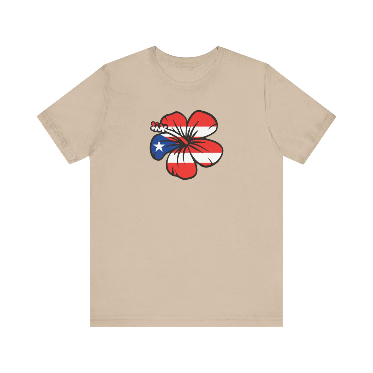 A beige crewneck t-shirt featuring a graphic of a hibiscus flower filled with the Puerto Rican flag pattern on the chest, displayed against a solid white background.