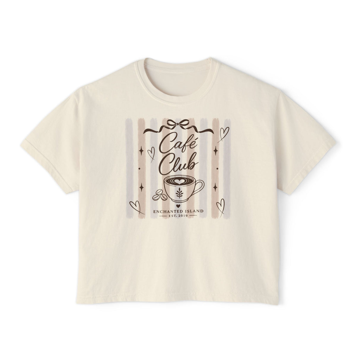 An off-white short-sleeve crop top t-shirt featuring a 'Cafe Club' graphic print on the front with a coffee cup illustration and hearts.
