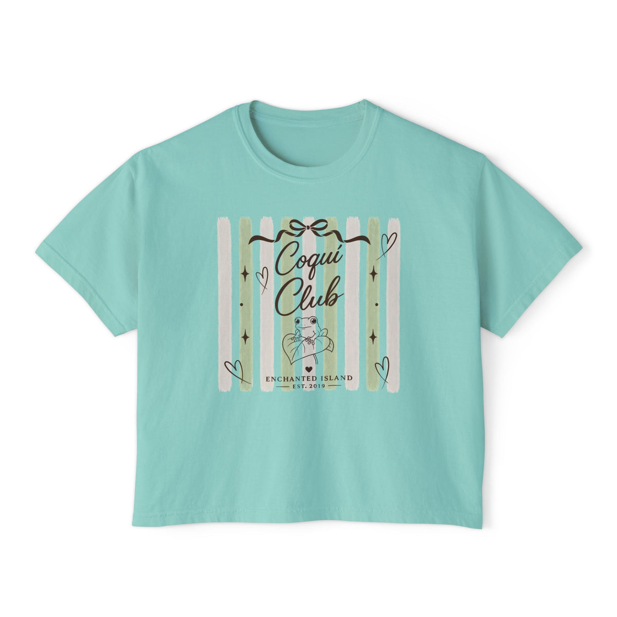 A mint green short-sleeve crop top t-shirt featuring a 'Coqui Club' graphic on the front with pastel stripes, hearts, and a cute cartoon character.