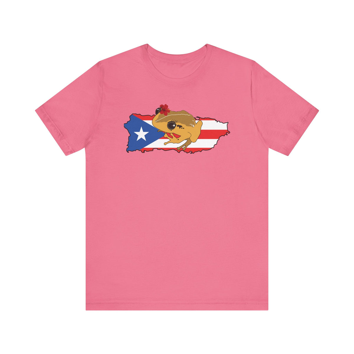 A pink short-sleeve crewneck t-shirt featuring a graphic of a cartoon guinea pig inside the silhouette of Puerto Rico, filled with the Puerto Rican flag design.