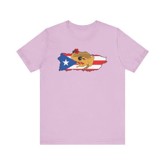 A light purple short-sleeve crewneck t-shirt featuring a graphic of a cartoon toucan wearing a red bow, set against a map of Puerto Rico styled with the Puerto Rican flag.