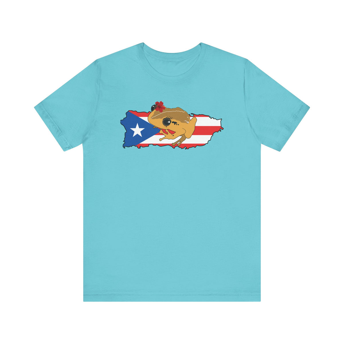 A light blue short-sleeve crewneck t-shirt featuring a graphic of a cartoon brown frog wearing a red bandana and a Puerto Rican flag hat, superimposed over the map of Puerto Rico with the Puerto Rican flag pattern.