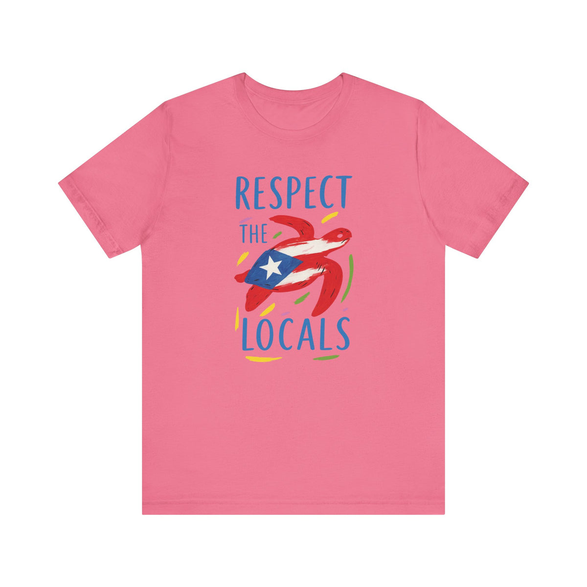 A pink short-sleeve crewneck t-shirt featuring a graphic of a red and white striped airplane with a blue star on its wing, surrounded by the words 'RESPECT THE LOCALS' in blue, with small yellow and green abstract accents.