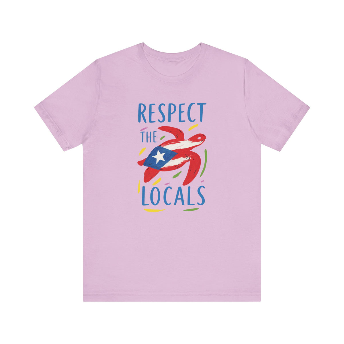 A light purple short-sleeve t-shirt with a graphic on the front featuring a red and blue turtle wearing a Puerto Rican flag hat, with the text 'RESPECT THE LOCALS' in blue.