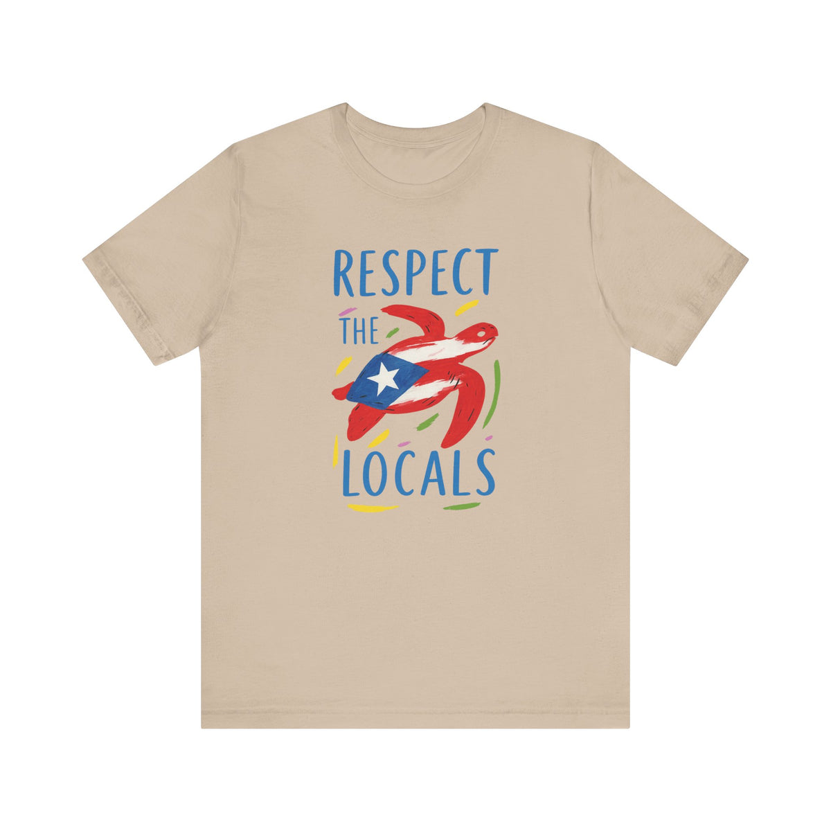 A beige crewneck t-shirt featuring a graphic print of a turtle wearing a Puerto Rican flag pattern, with the text 'RESPECT THE LOCALS' in blue.