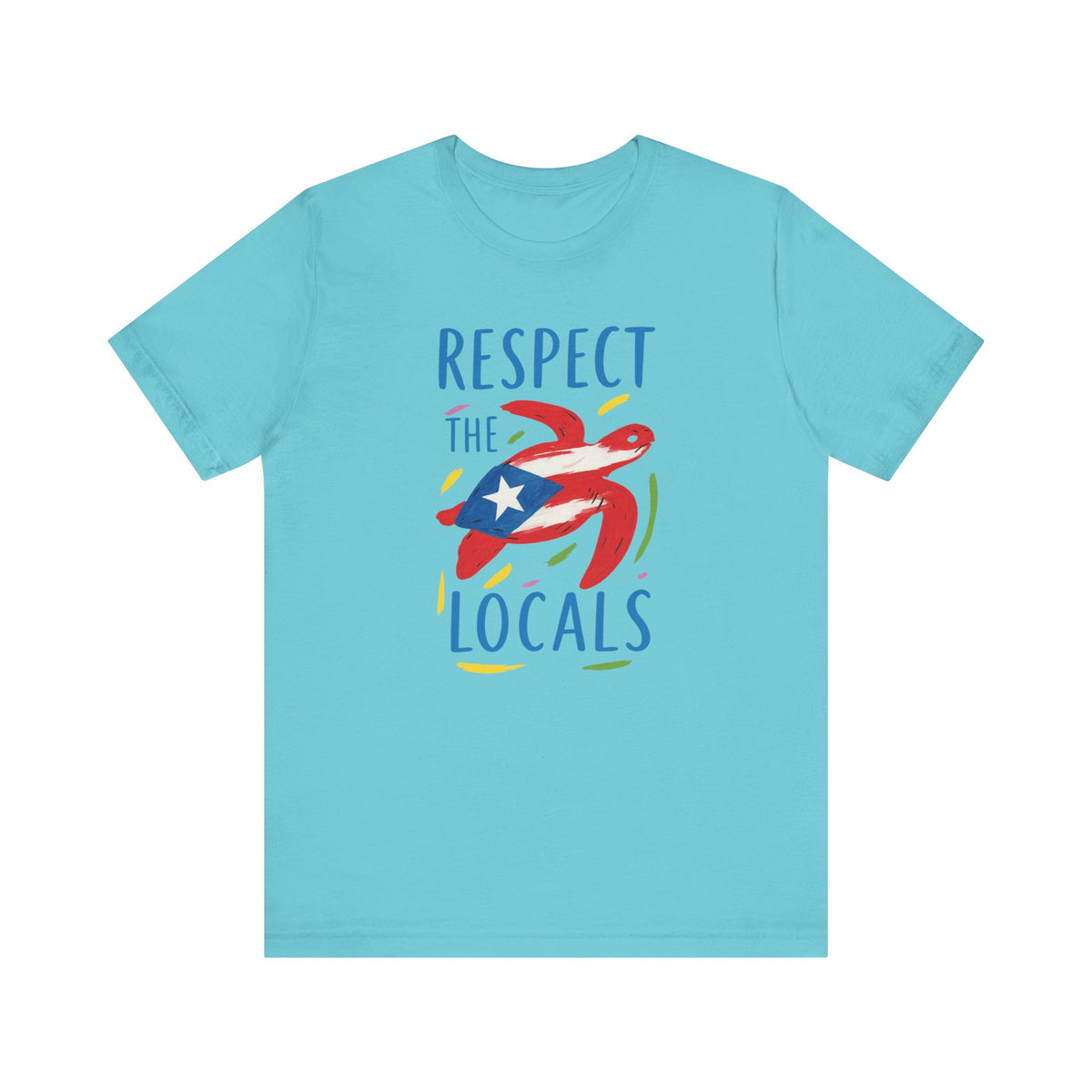 A light blue short-sleeve crewneck t-shirt featuring a graphic print of a red and white sea turtle wearing a Puerto Rican flag hat, with the text 'RESPECT THE LOCALS' in blue.