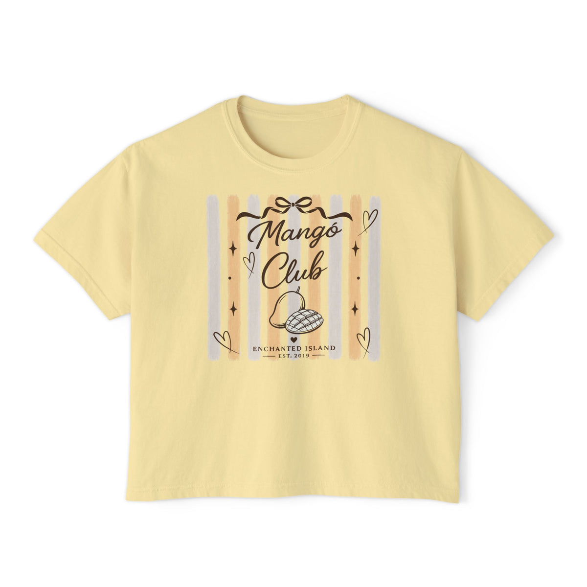 A pale yellow short-sleeve t-shirt with a graphic on the front that reads 'Mango Club' and 'Enchanted Island' with decorative hearts and stripes, shown on a plain white background.