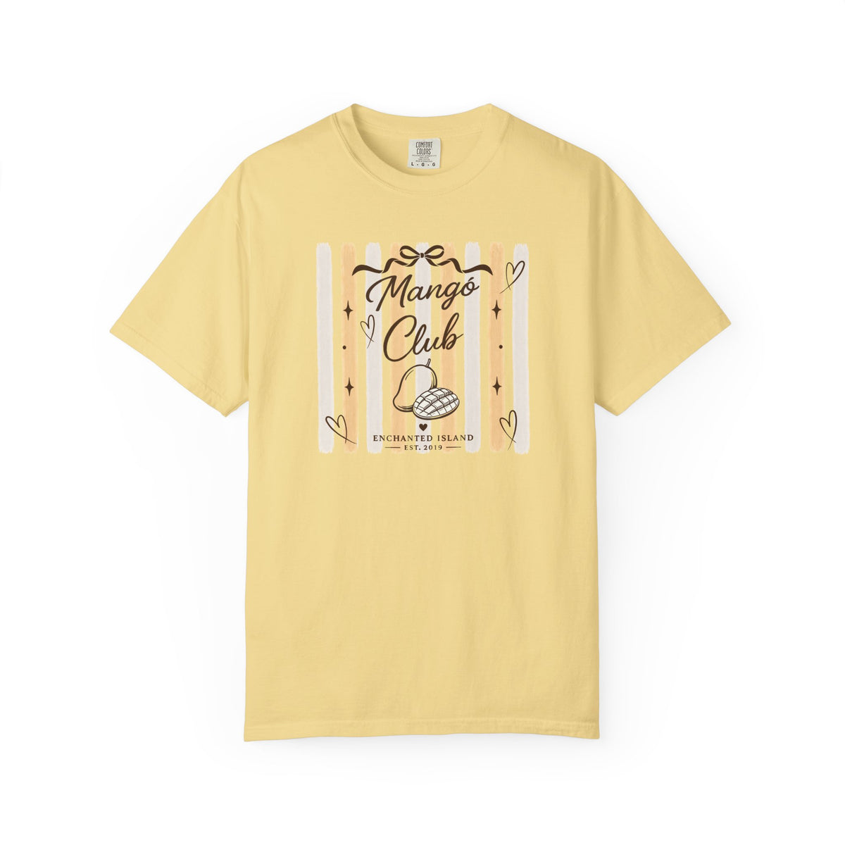 A pale yellow short-sleeve t-shirt with a central graphic print featuring the text 'Mango Club' and 'Enchanted Island' in black script over a cream and white striped background with small heart and star doodles.