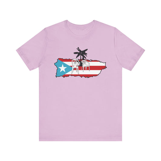 A light purple short-sleeve crewneck t-shirt featuring a graphic of the map of Puerto Rico filled with the Puerto Rican flag and topped with a black palm tree silhouette.
